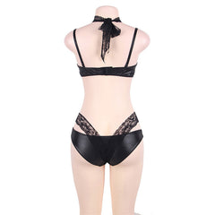 Lace faux leather bra and panty set