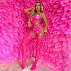 Hot Rhinestone Mesh Hollow One-Piece Lingerie