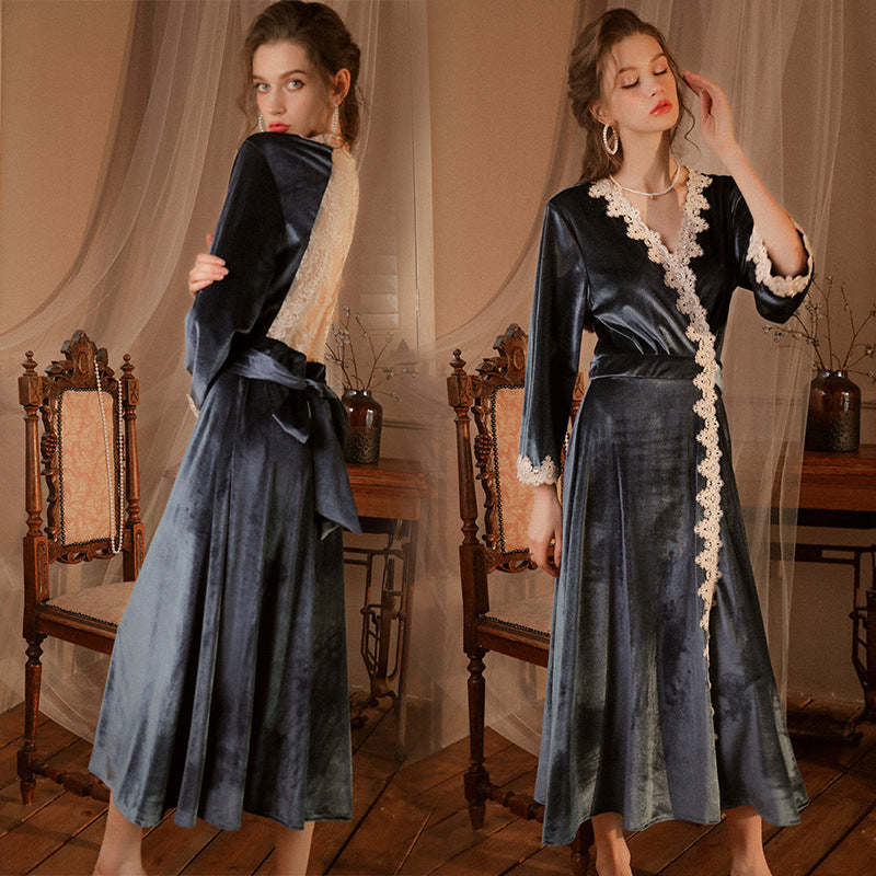 Hollow Lace Gold Velvet Bridal Nightgown