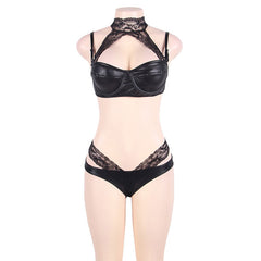 Lace faux leather bra and panty set
